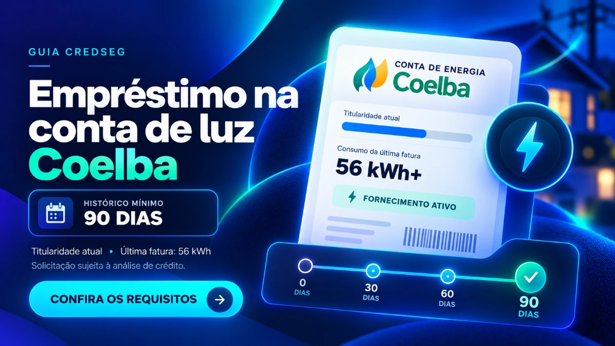 Ilustração sobre crédito na conta de luz Coelba com histórico de 90 dias, titularidade, consumo e solicitação de análise.