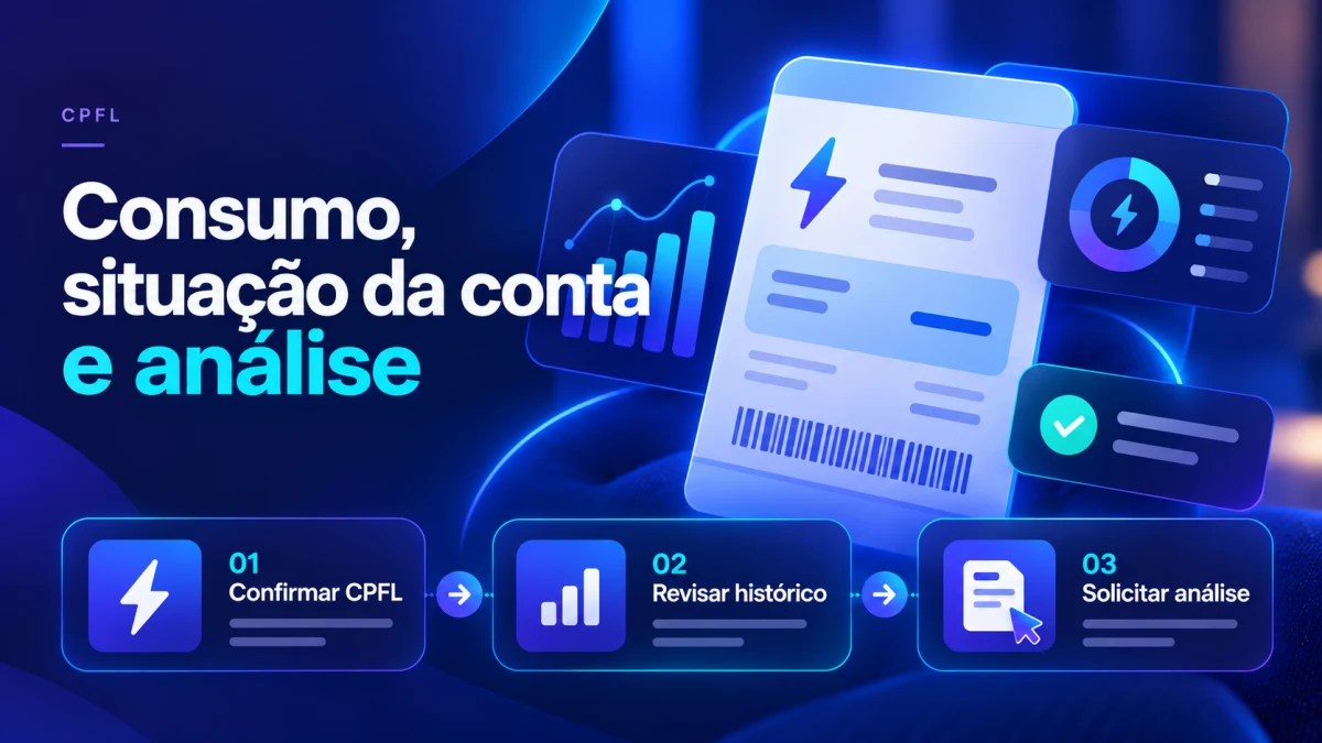 Ilustração sobre crédito na conta de luz CPFL com as etapas de confirmar a companhia, revisar o histórico e solicitar análise.