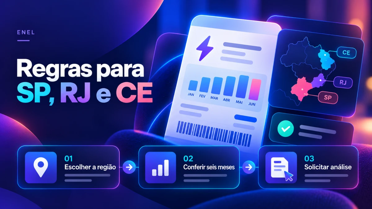 Ilustração sobre crédito na conta de luz Enel com orientação para escolher SP, RJ ou CE, conferir seis meses e solicitar análise.