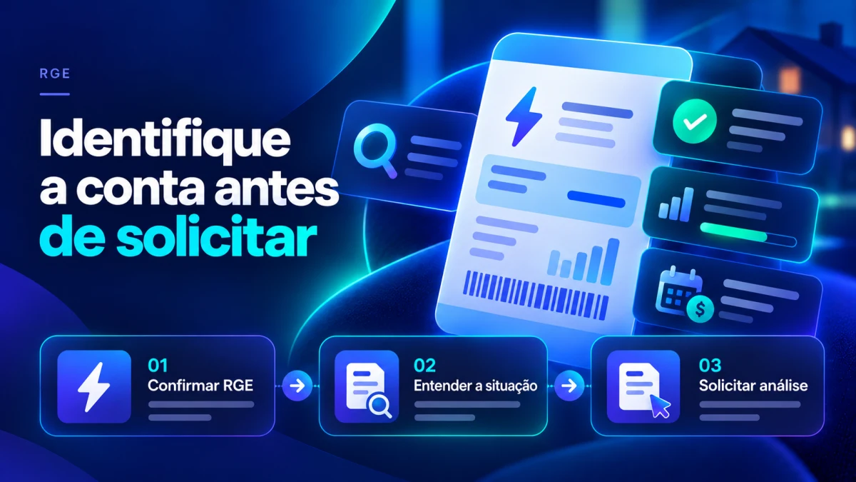Ilustração sobre crédito na conta de luz RGE com as etapas de confirmar a companhia, entender a situação da conta e solicitar análise.